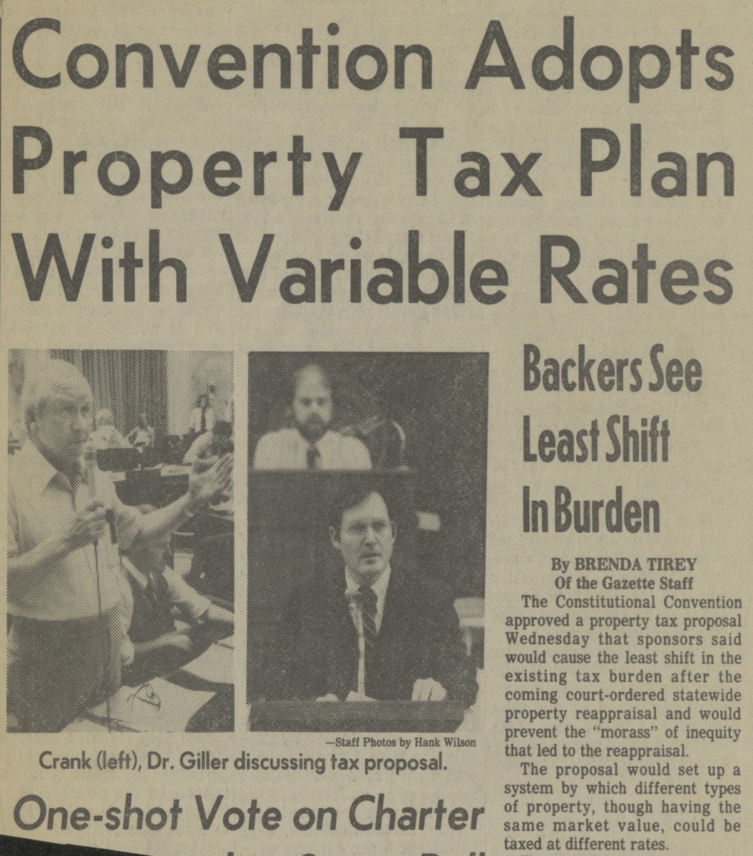 Newspaper clipping  titled, "Convention Adopts Property Tax Plan With Variable Rates: Backers See least Shift in Burden"