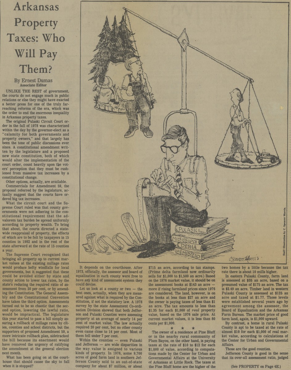 Newspaper clipping titled "Arkansas Property Taxes: Who Will Pay Them?"