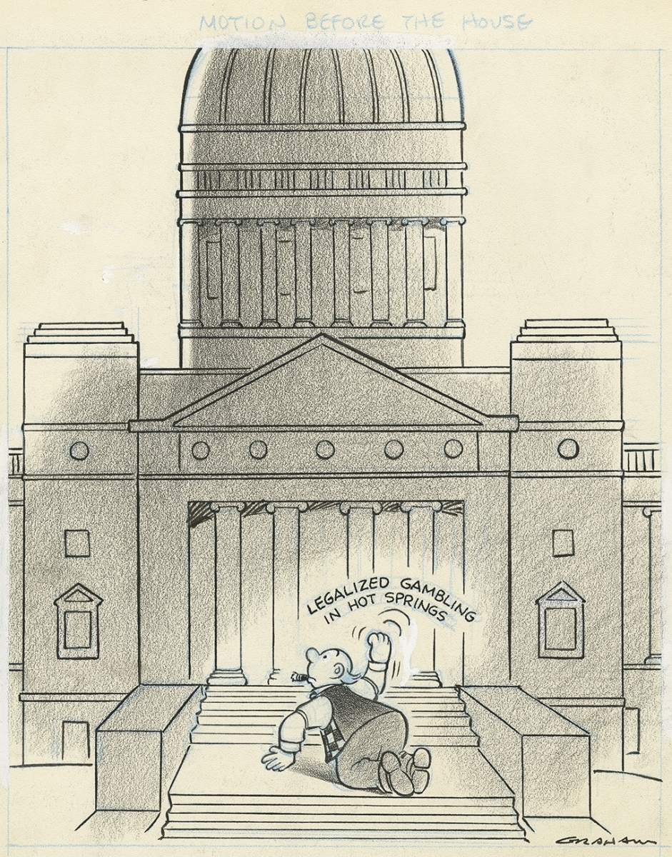 Political cartoon by Bill Graham depicting a man crawling up the steps at the Arkansas capitol building and demanding ''legalized gambling in Hot Springs.''  Feb. 27, 1959
