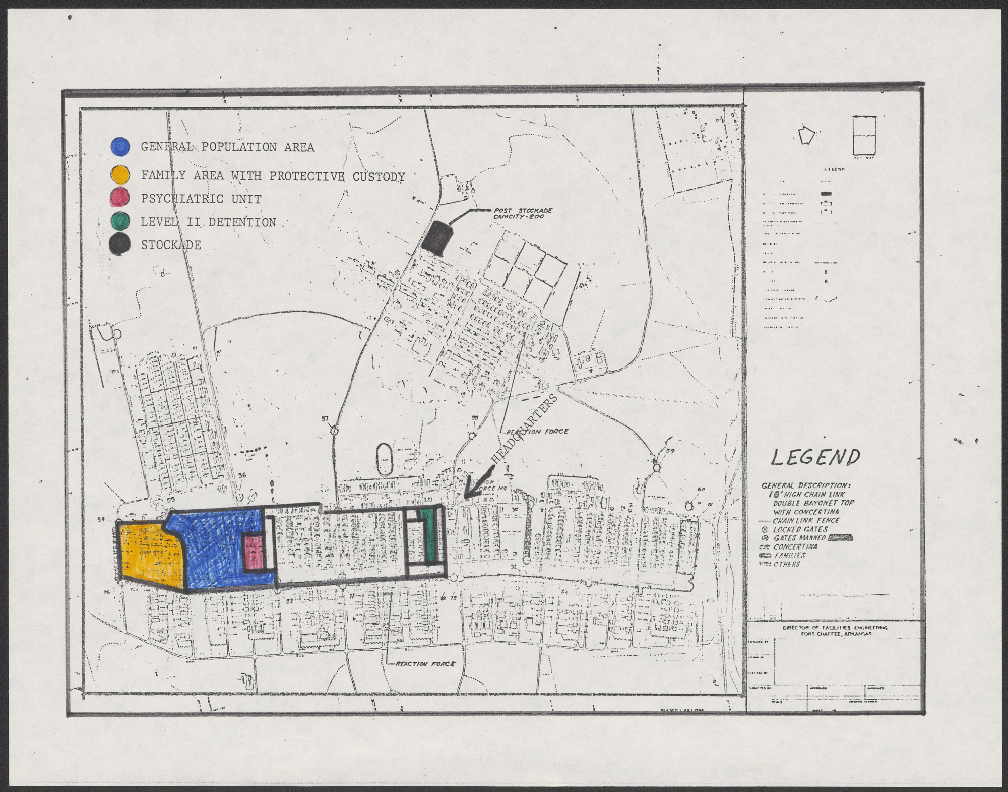 A map of Fort Chaffee with hand colored in areas showing areas of confinement for Cuban refugees. Areas include general population, family area, psychiatric unit, level 2 detention, and stockade.