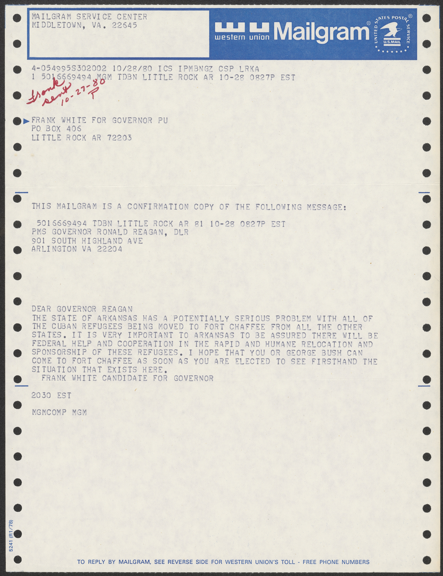 An image of a mail gram sent from Gubernatorial candidate Frank White to Governor Ronald Reagan asking for help in the future with Fort Chaffee refugees.