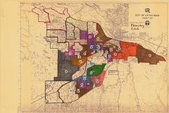 This maps notes the attendance zones of Little Rock's elementary schools in 1987. Courtesy of Butler Center for Arkansas Studies.