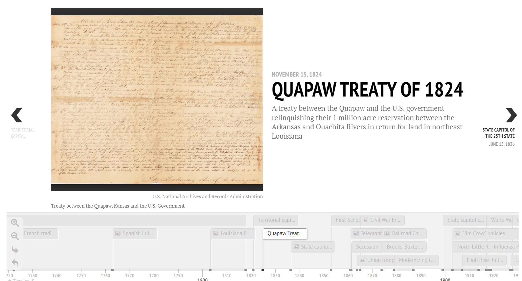 Screenshot of the Quapaw Treaty slide in the timeline