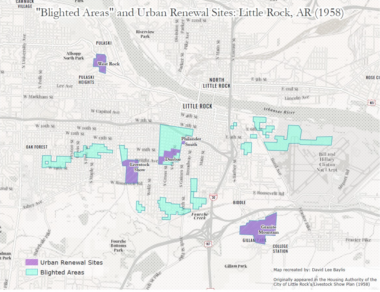 A 1958 map of the blighted areas and urban renewal sites in Little Rock, Arkansas