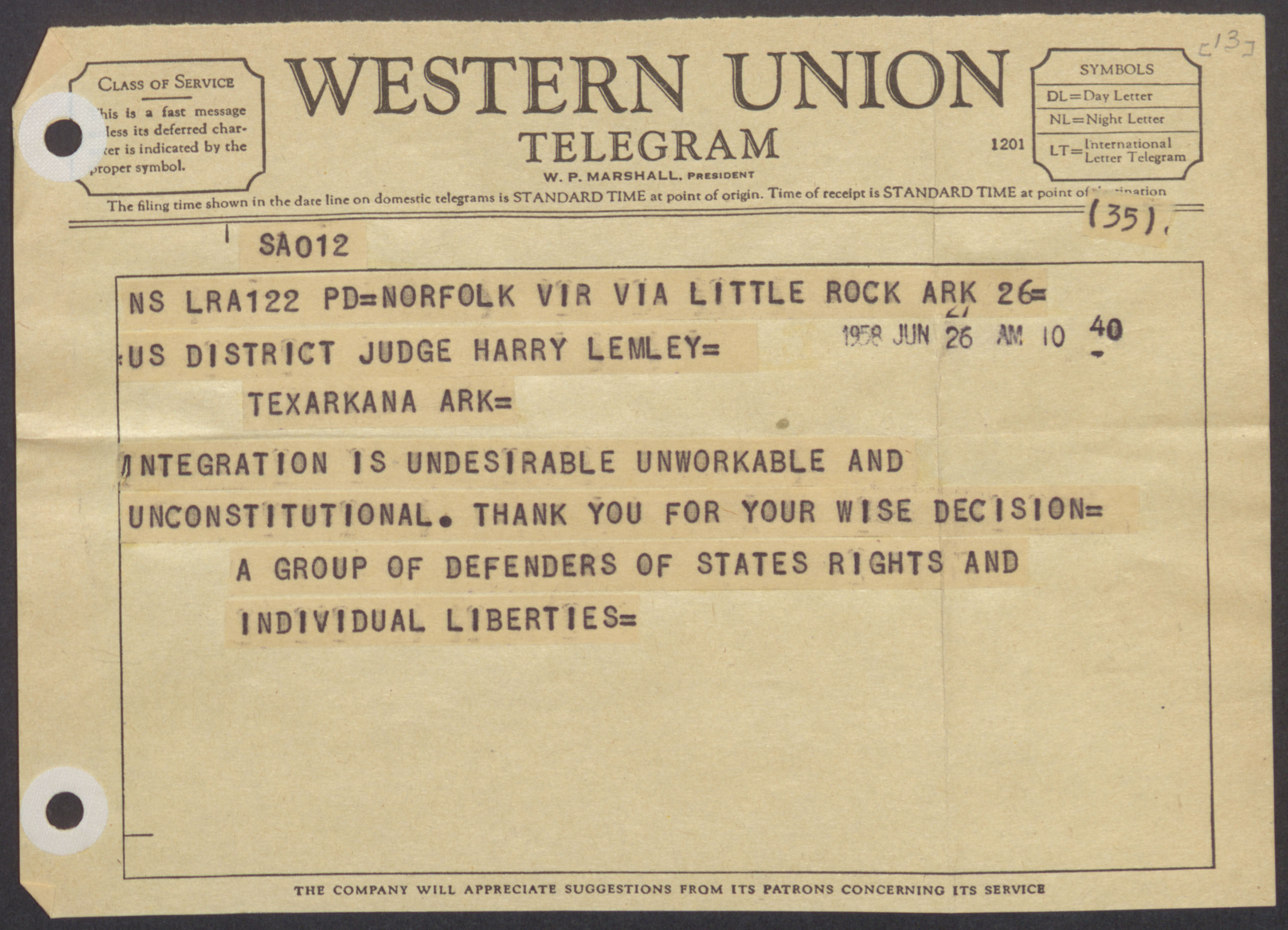 This file contains letters received by Judge Harry J. Lemley related to his decision in the Aaron v. Cooper case calling for a temporary halt to integration at Little Rock's Central High School. Judge Harry J. Lemley papers, 1956-1961 (UALR.MS.0015)