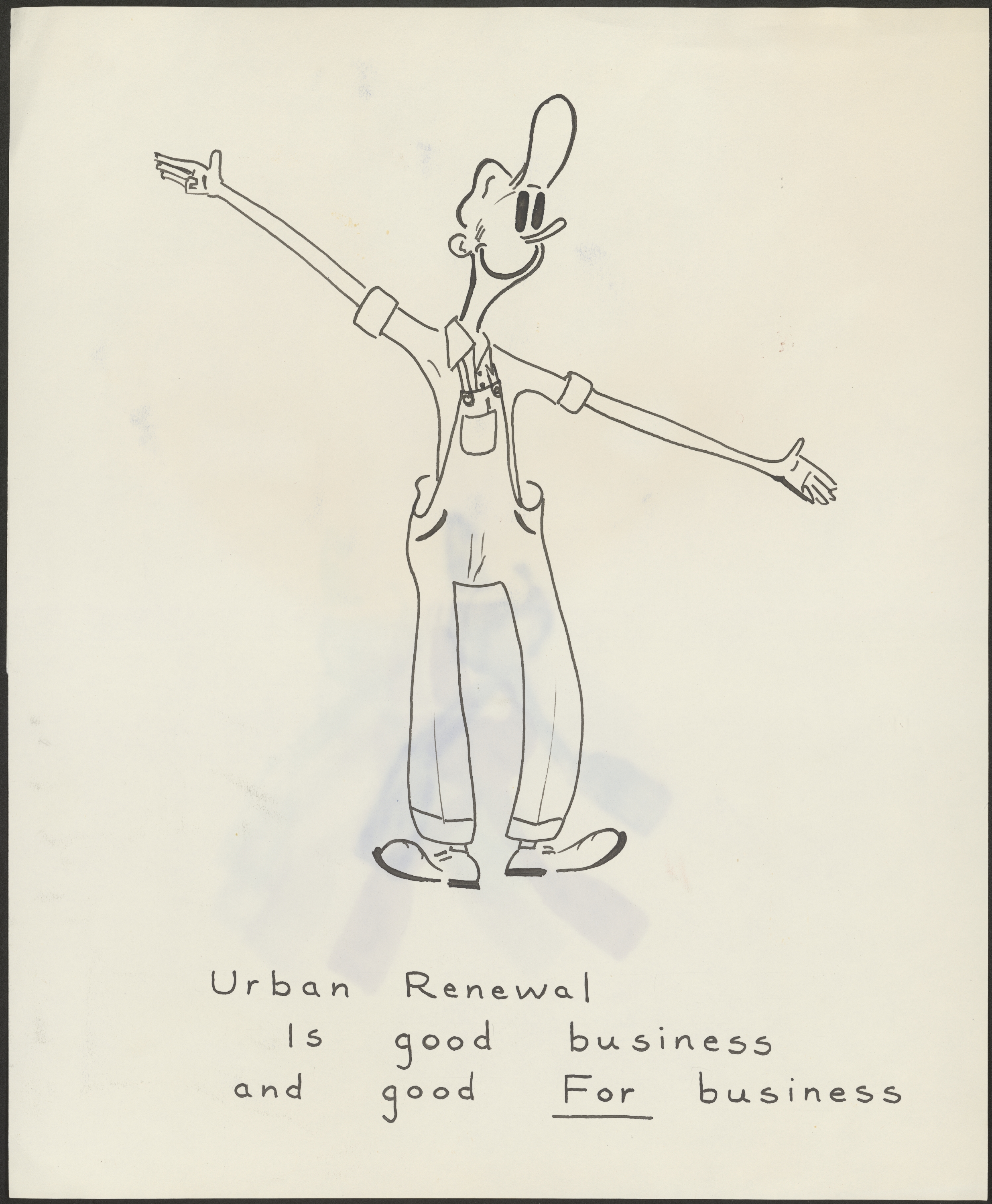 A drawing of the character "Mr. Happy Fixit" above the phrase "Urban Renewal is good business and good For business". Little Rock Housing Authority scrapbooks microfilm collection, 1950-1980, (UALR.MS.0085)