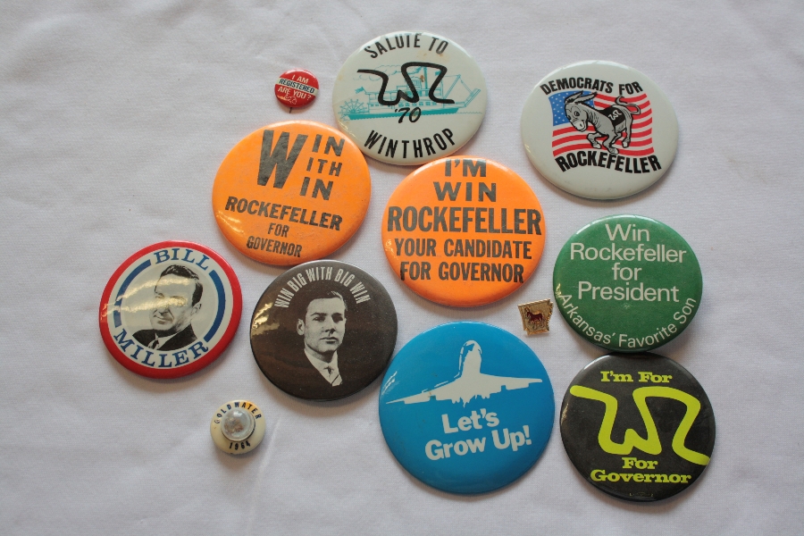 Buttons from Winthrop Rockefeller's campaigns for governor Buttons from Winthrop Rockefeller's campaigns for governor