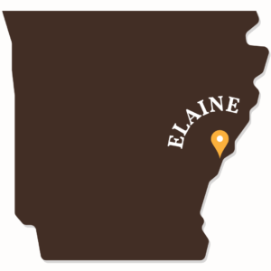 Outline of the state of Arkansas with a pin indicating the location of Elaine