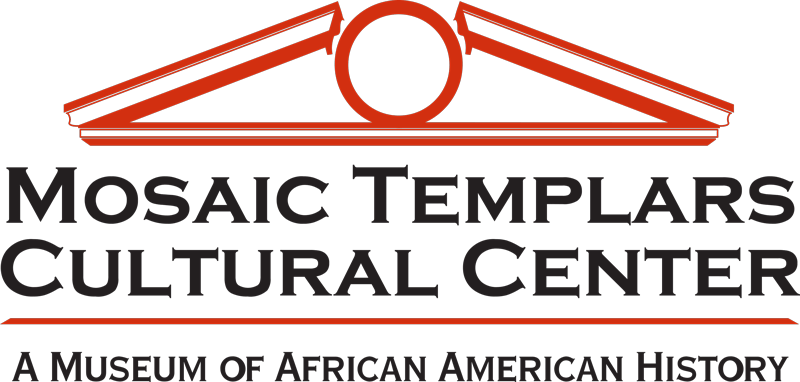 The Mosaic Templars Cultural Center logo features the red outline of the building's original pediment. In subtext it reads, "A museum of African American history."