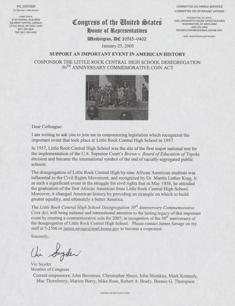 Snyder's "Dear Colleague" letter asking for cosponsors for the commemorative coin act,  25 January 2005