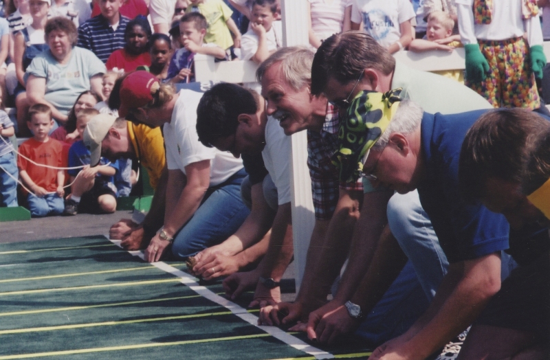 Snyder competing in the toad races during Toad Suck Daze in Conway, 2003