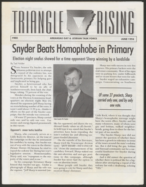 Triangle Rising article with headline "Snyder Beats Homophobe in Primary," June 1994