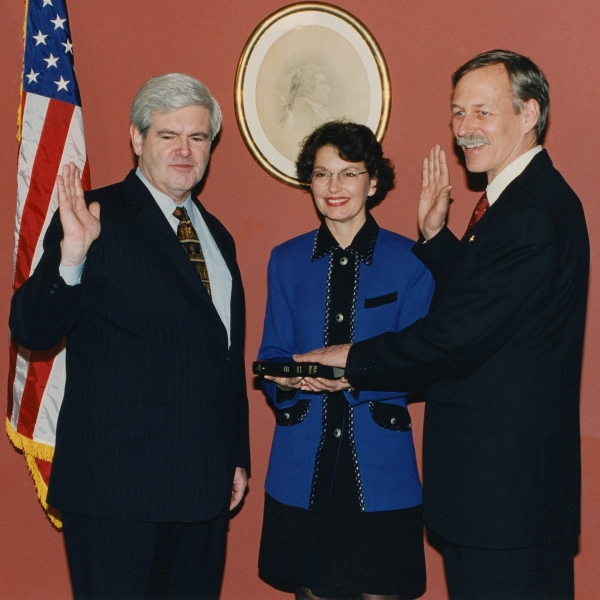 Vic Snyder and Newt Gingrich being sworn into office by Debbie Milam, 1997
