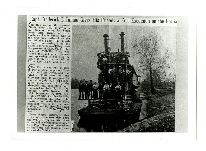 Article, ''Capt. Frederick L. Inman gives his friends a free excursion on the Steamboat Portia'' - 1897 - Black Rock photograph collection, ca. 1880-1950, UALR.PH.0036 - UA Little Rock Center for Arkansas History and Culture