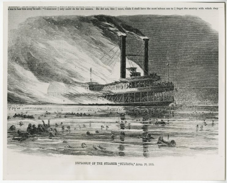 Engraving of the explosion of the steamboat Sultana - 1965 -  J. N. Heiskell Photograph Collection, 1821-1984, UALR.PH.0100 - UA Little Rock Center for Arkansas History and Culture