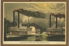 Print of midnight race on Mississippi River between Natchez and Eclipse steamboats - undated -  J.N. Heiskell Oversized Photograph Collection, 1861-1986, UALR.PH.0101 - UA Little Rock Center for Arkansas History and Culture
