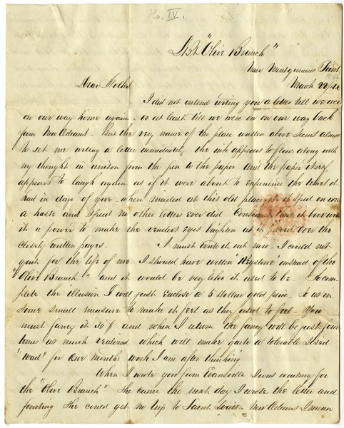Page 1 - Letter from William H. Allen on board the "Olive Branch" steamer to his parents in Pittsburgh - Rebecca Allen Turner Collection, 1840-1895, UALR.MS.0174 - UA Little Rock Center for Arkansas History and Culture