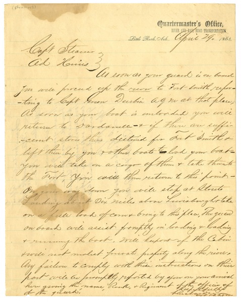 Page 1 - Union letter from L. Richardson in Little Rock concerning orders for steamboat to proceed to Fort Smith - Miscellaneous Letter Collection UALR.MS.0217 - UA Little Rock  Center for Arkansas History and Culture