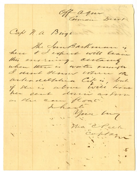 Page 1 - Confederate letter from Captain Tho. C. Peel in Camden to Captain N. A. Birge concerning steamboats on the White River - Miscellaneous Letter Collection UALR.MS.0217 - UA Little Rock Center for Arkansas History and Culture