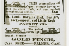 Ads for the Albert Pearce, J. F. Luker, master; and the St. Louis, Duvall's Bluff, Des Arc, Jacksonport, and Little Rock Packet Company steamers Gold Finch with Captain Gere and Minnie with Captain Shaw - ca. 1866 - Huddleston Steamboat Photograph Collection, ca. 1827-1976, UALR.PH.0070 - UALR Center for Arkansas History and Culture
