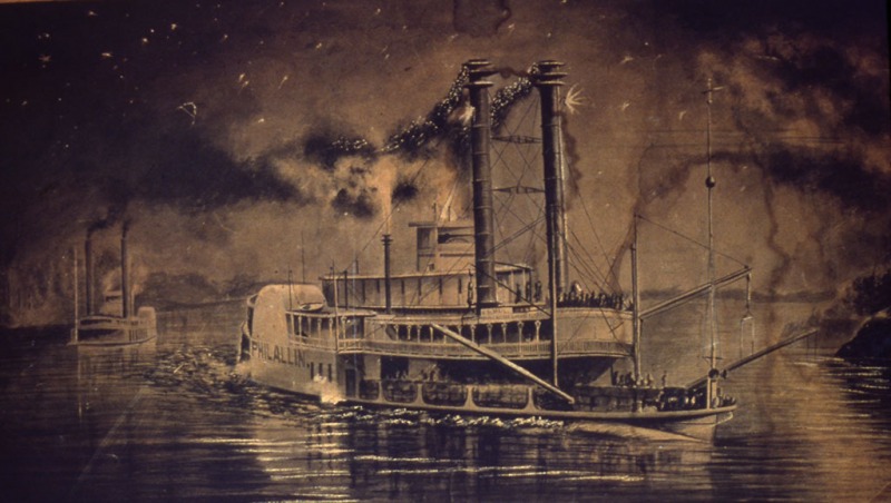 Rapidly Ascending the Mississippi - 1872- ink and watercolor on paper - 39.7 x 83.5 cm - Courtesy of The Arts and Science Center for Southeast Arkansas