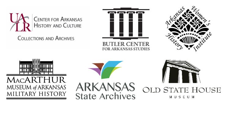 image of the logos for the Arkansas Women's Suffrage Centennial Project steering committee including the UALR Center for Arkansas History and Culture, Butler Center for Arkansas Studies, Arkansas Women's History Institute, MacArthur Museum of Arkansas Military History, Arkansas State Archives, and the Old State House Museum.