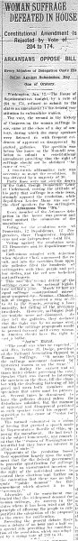 "Woman Suffrage Defeated in the House" Arkansas Gazette