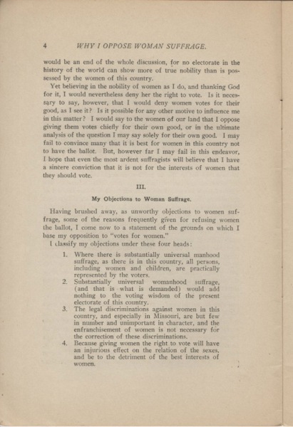 Why I Oppose Woman Suffrage, a Pamphlet not an Essay, by George R. Lockwood, 1912 (page 4)