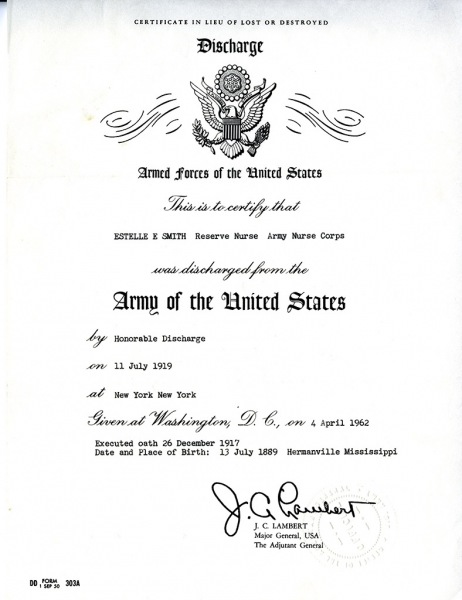 Image of World War I Certificate of Discharge for Estelle E. Smith