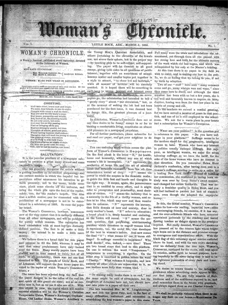 Image of Innaugural Edition of the Woman's Chronicle, March 3, 1888 (page 1).