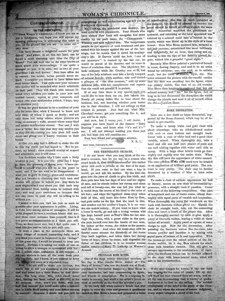 Image of Innaugural Edition of the Woman's Chronicle, March 3, 1888 (page 2).