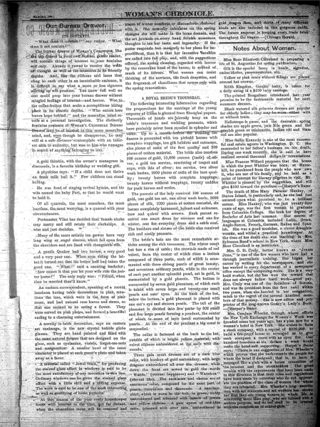 Image of Innaugural Edition of the Woman's Chronicle, March 3, 1888 (page 3).