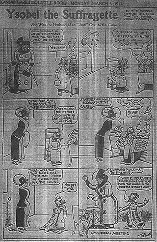 Black and white cartoon image of Ysobel the Suffragette