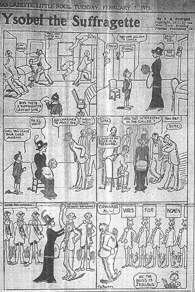 Black and white cartoon image of Ysobel the Suffragette