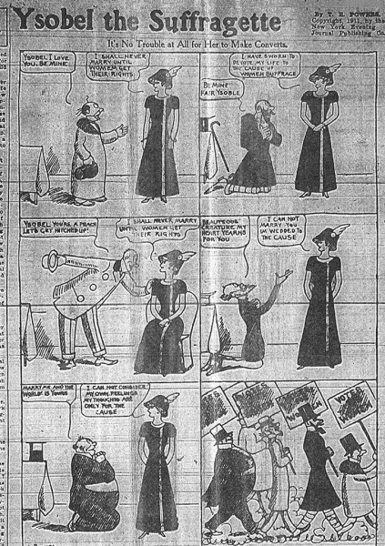 Black and white cartoon image of Ysobel the Suffragette
