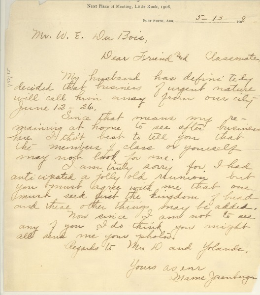 Image of letter from Mame Josenberger to W. E. B. Du Bois, May 13, 1908, informing Du Bois that she will not be able to attend their 20th Fisk reunion.