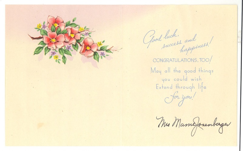 Image of inside of card from Mame Josenberger to W. E. B. Du Bois, ca. May 1946, wishing Du Bois a happy 50th wedding anniversary.
