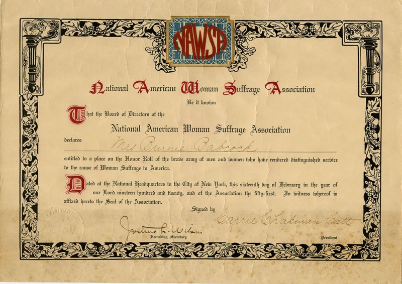 Image of National American Woman Suffrage Association Certificate awarded to Bernie Babcock