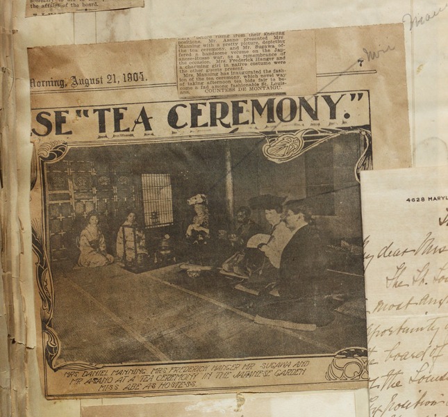 image of "Tea Ceremony" newsclipping, with photo featuring Mrs. Frederick Hanger and others, August 21, 1904.
