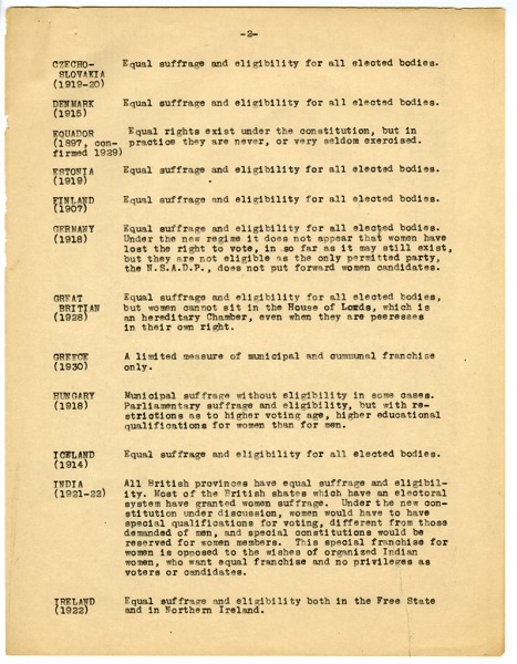 Image of paper entitled "Suffrage position in all countries which are known to have any form of woman suffrage" (page 2)