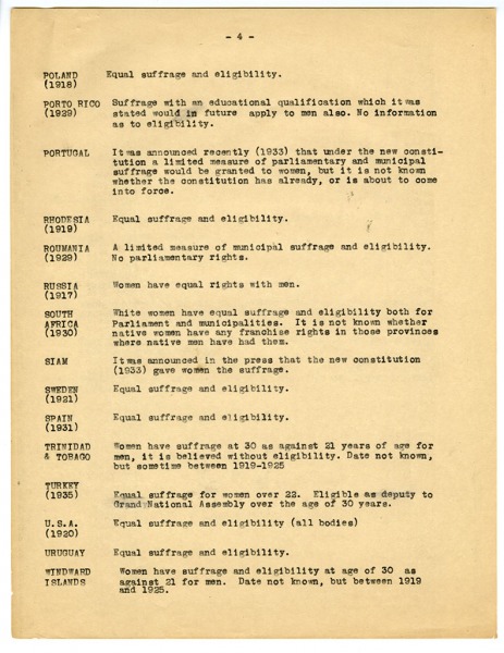 Image of paper entitled "Suffrage position in all countries which are known to have any form of woman suffrage" (page 3)