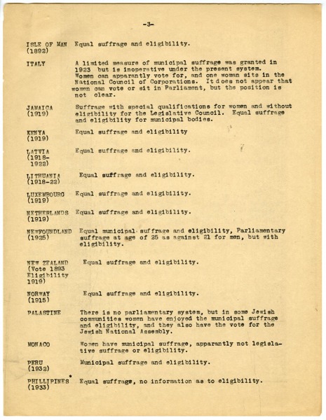 Image of paper entitled "Suffrage position in all countries which are known to have any form of woman suffrage" (page 4)