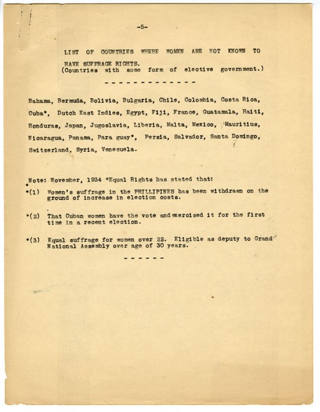 Image of paper entitled "Suffrage position in all countries which are known to have any form of woman suffrage" (page 5)