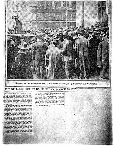 Noon-day talk on suffrage by Mrs. T. T. Cotman [Cotnam] of Arkansas at Broadway and Washington