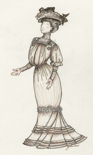 Image of female character wearing a S-bend corset. The look expresses a heavy bosom and is accompanied by an overlong skirt, representative of c. 1904 styles.