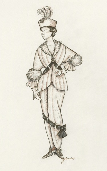 Image of female character wearing a hobble skirt, representative of c. 1912 styles.