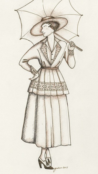 Image of female character in dress illustrating the rise of hemlines following the outbreak of World War I, representative of c. 1918 styles.