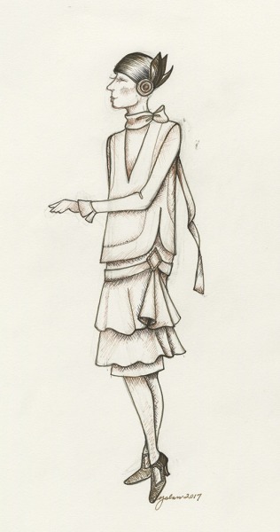 Image of female character wearing knee-length hemline, representative of c. 1924 styles.