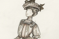 Image of female character wearing a S-bend corset. The look expresses a heavy bosom and is accompanied by an overlong skirt, representative of c. 1904 styles.