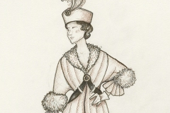 Image of female character wearing a hobble skirt, representative of c. 1912 styles.